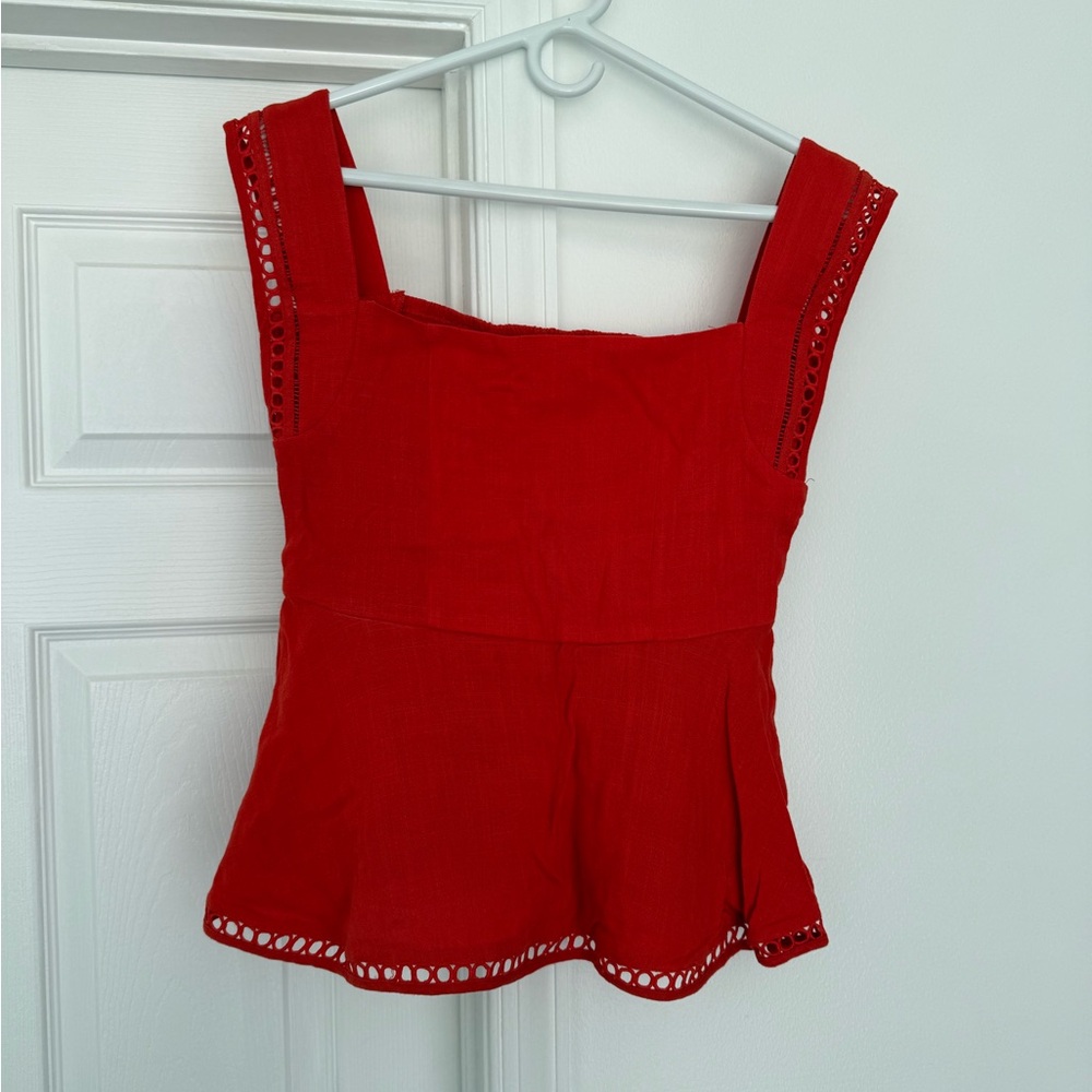 Entro Red Peplum Tank Top - Sleeveless Eyelet Trim, size large